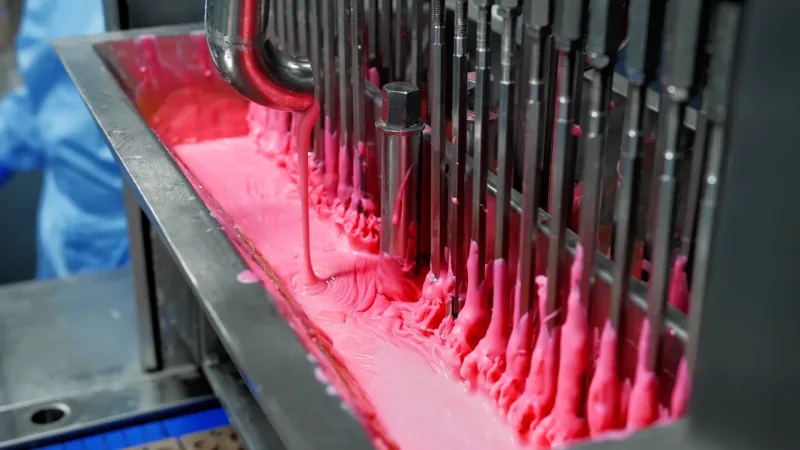 Depositing head feeding gummy slurry into the hopper trough