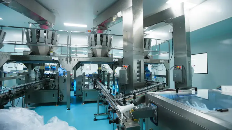 Clean room packaging hall with multihead weighers and bottling conveyor
