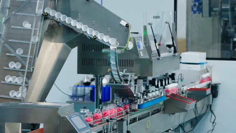 Bottle filling line with cap feeder and gummies entering bottles