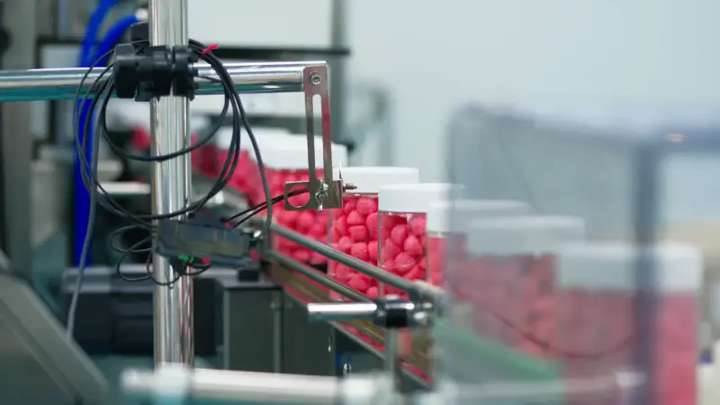 Filled and capped functional gummy bottles on the finished goods line